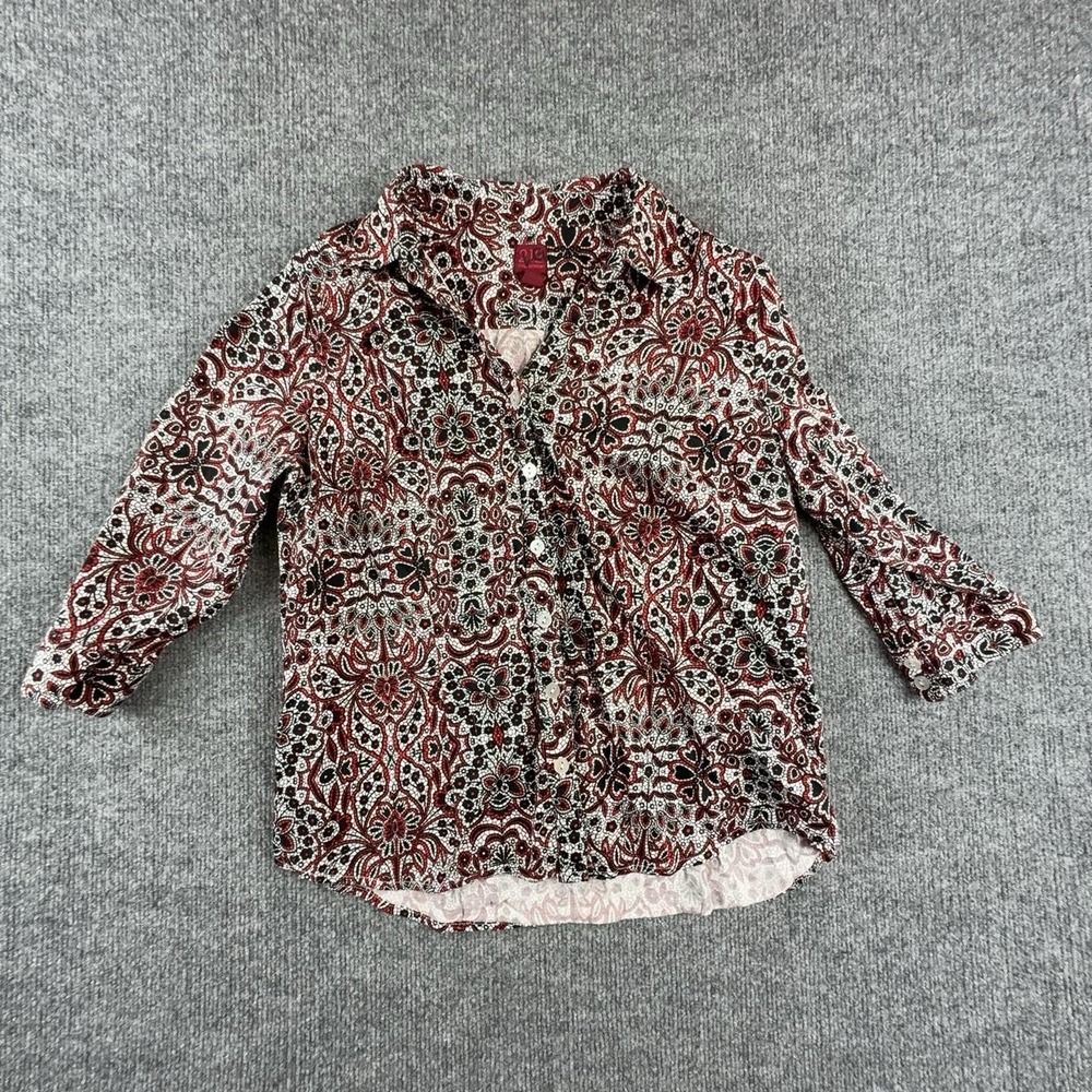212 Collection Shirt Womens Petite Medium Red Paisley Button Front Stretch Top